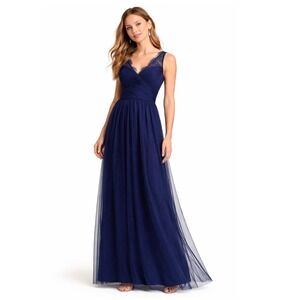 Hitherto Navy Blue Lace Tulle Formal Evening Gown Dress Size 4 V-Neck Pleated
